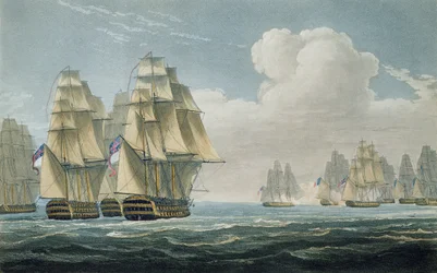 トラファルガーの戦いの後、1805年10月21日、J。ラルフによる「イギリスの海軍の年代学」のためにFCルイスによって刻まれた、1820年の出版